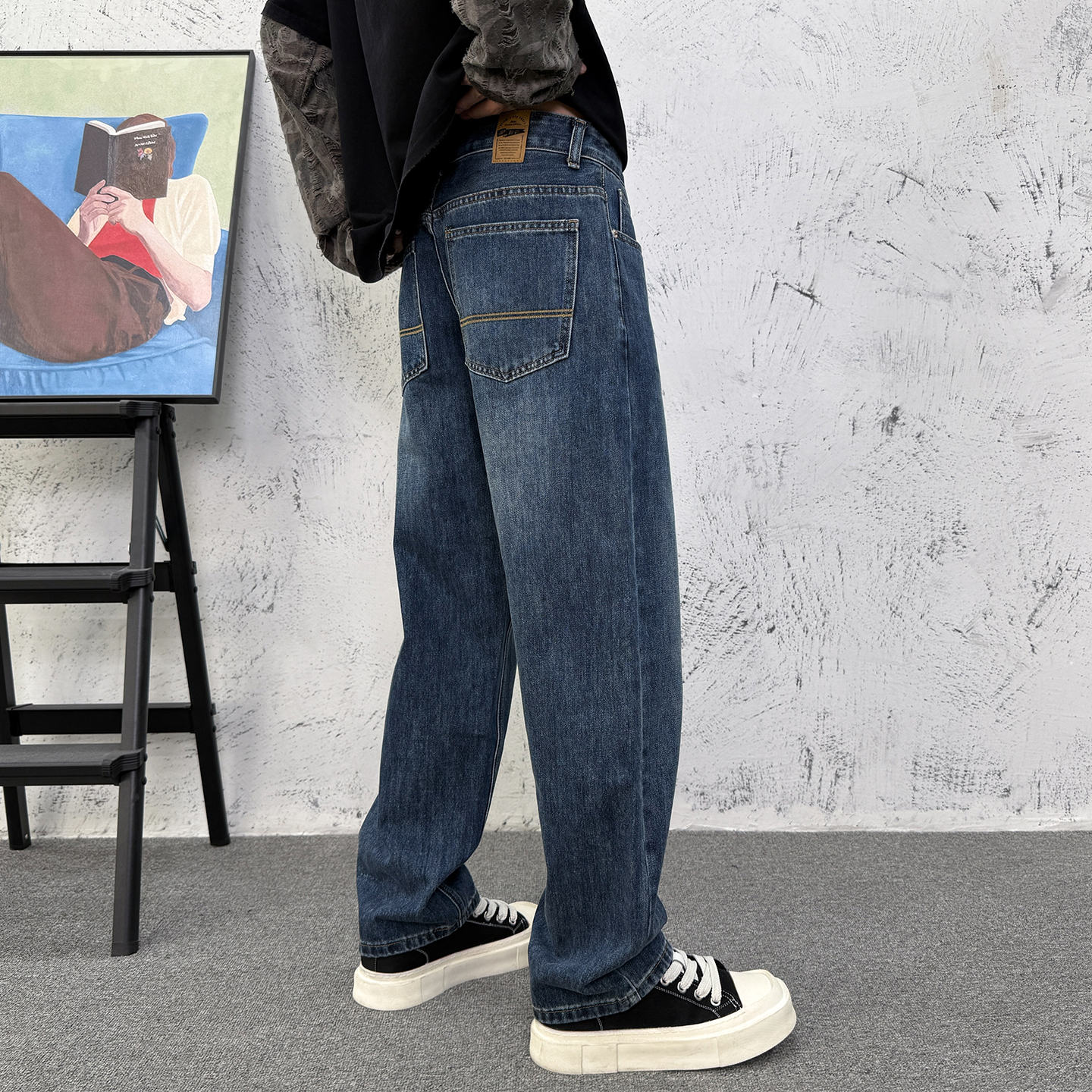 美式复古蓝高街牛仔裤男款冬季加绒加厚直筒裤宽松百搭刺绣阔腿裤