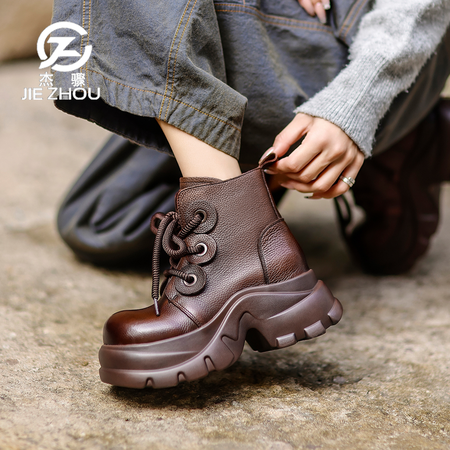 杰骤秋冬小个子厚底增高短靴女真皮复古英伦风马丁靴牛皮洋气靴子