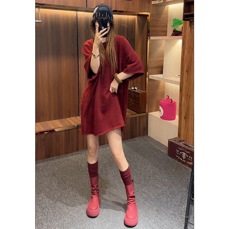 慵懒风宽松圆领纯色针织连衣裙女欧洲站2025春秋新款洋气休闲短裙