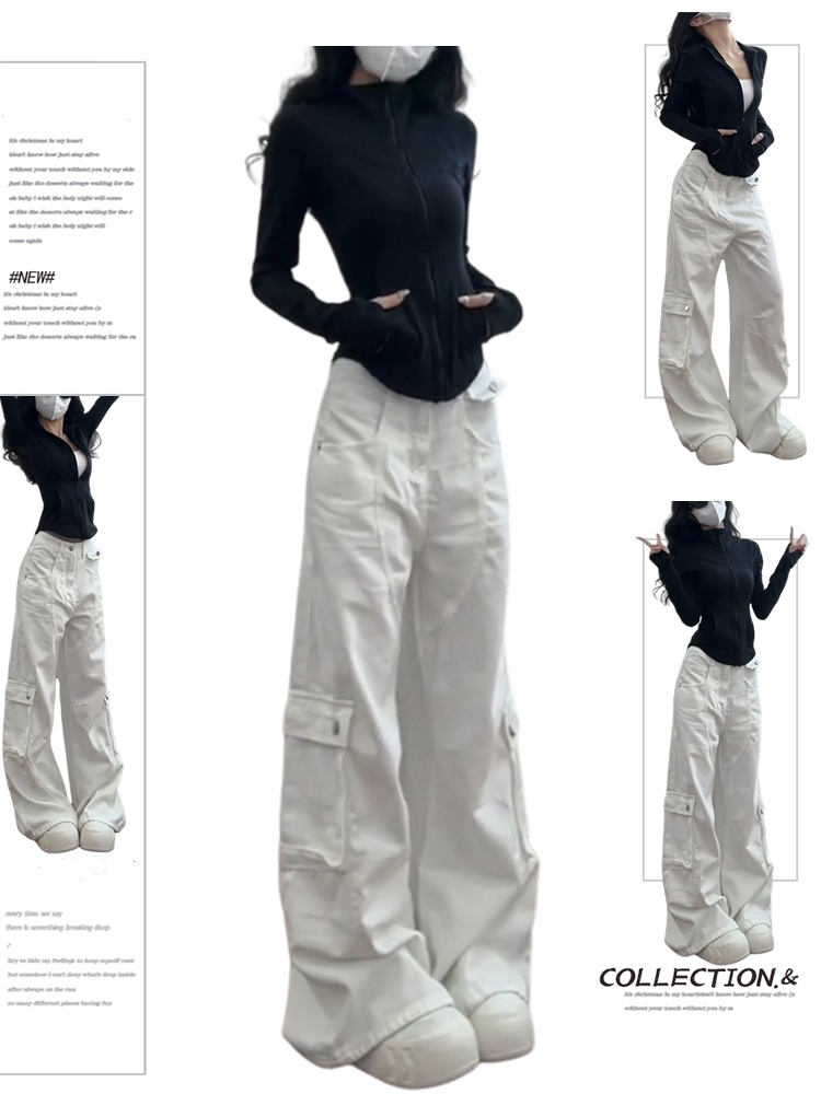 美式设计感多口袋工装裤女2025春季新款高腰显瘦垂感阔腿牛仔长裤