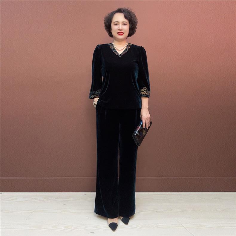 80110秋洋气套装上衣裤子显瘦丝绒宽松加肥加大妈妈装国风两件套