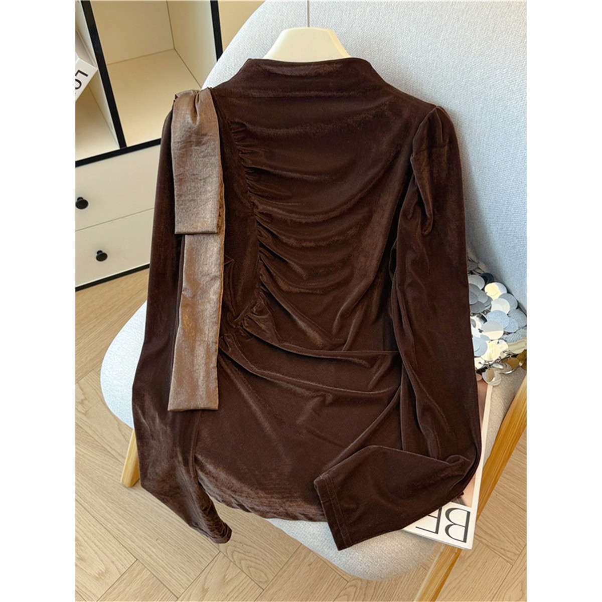 自留款推荐~早秋冬新款美德拉甜辣风设计感褶皱丝绒长袖t恤小衫