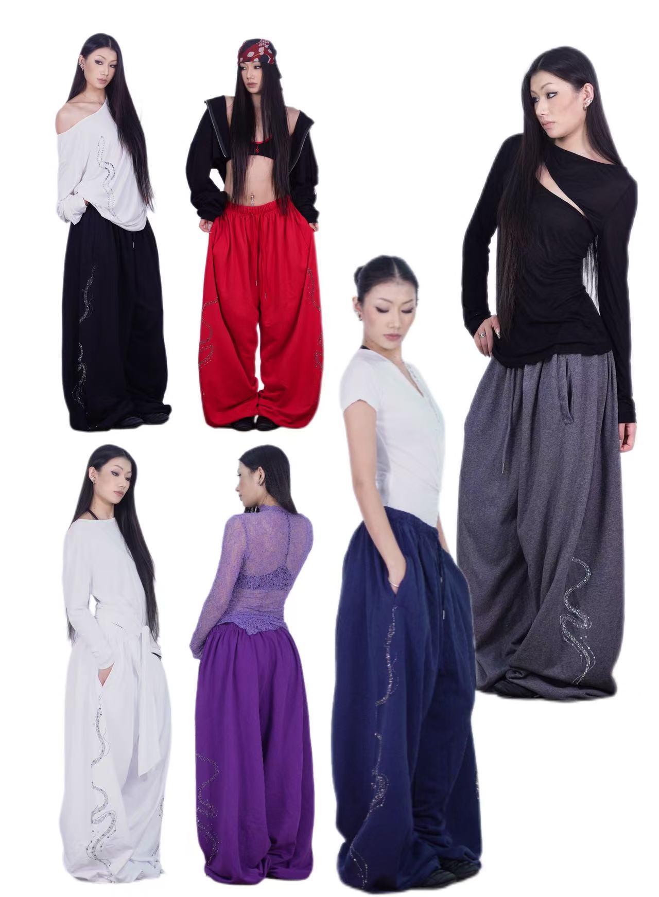 SUANS原创时尚爆闪钻石树枝蛇卫裤百搭休闲爵士阔腿时尚运动