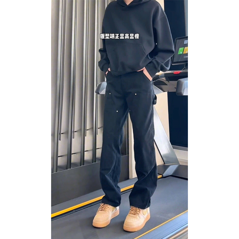 双膝伐木牛仔裤男秋冬款美式高街潮流宽松直筒窄版显瘦休闲长裤子