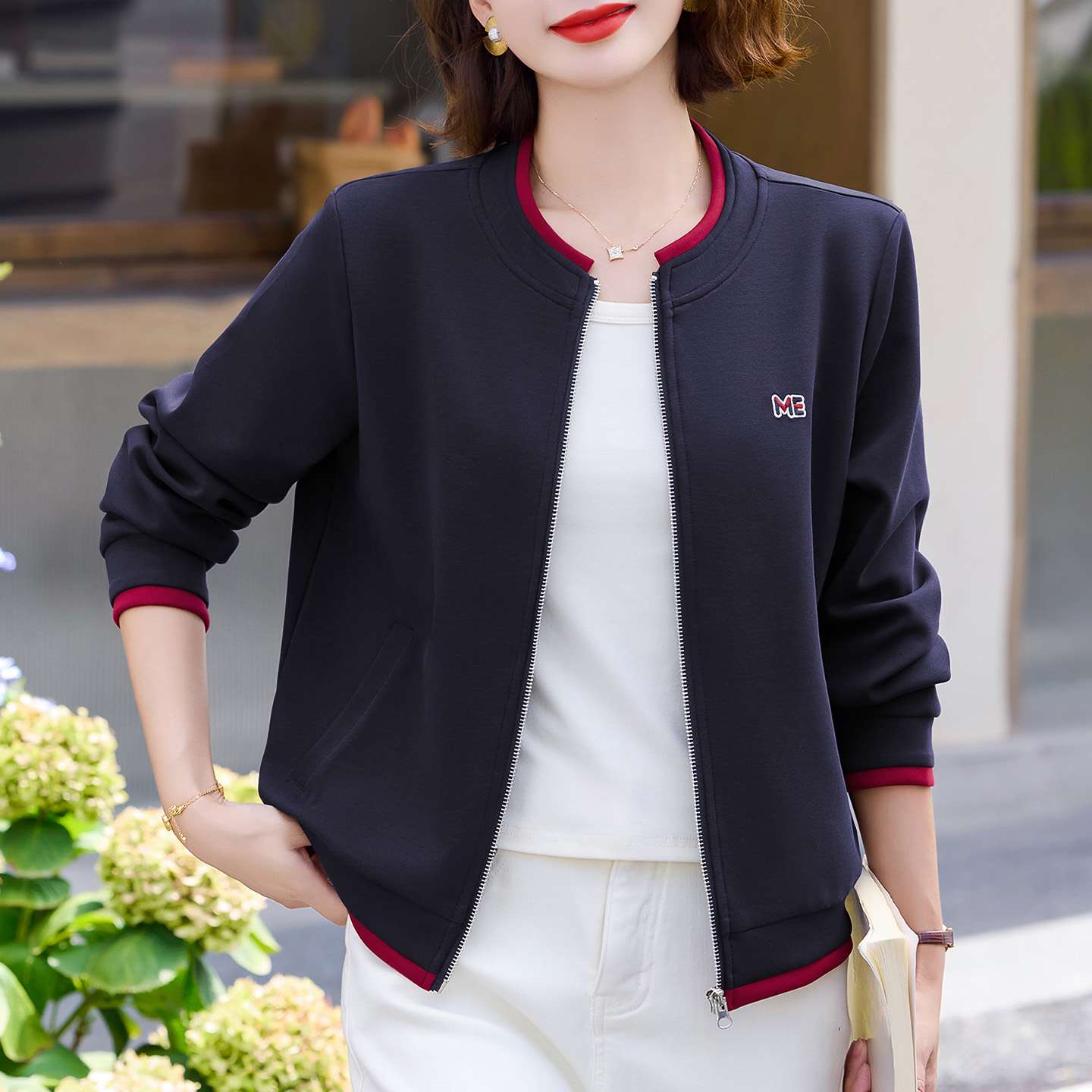 立领开衫外套女春秋新款2026新款洋气百搭妈妈装宽松显瘦休闲上衣