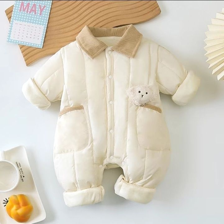 婴儿夹棉衣服连体衣秋冬季百天超萌洋气外出加绒加厚外出棉服