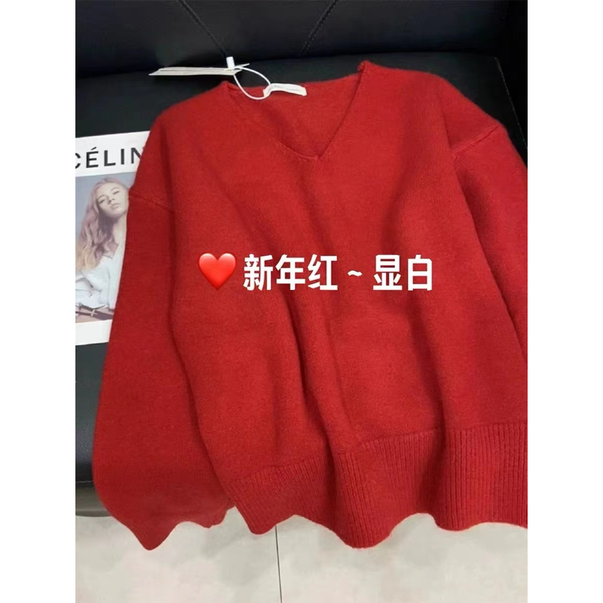 CHAO推荐！复古红色氛围感v领毛衣女显白宽松慵懒风针织衫上衣冬季