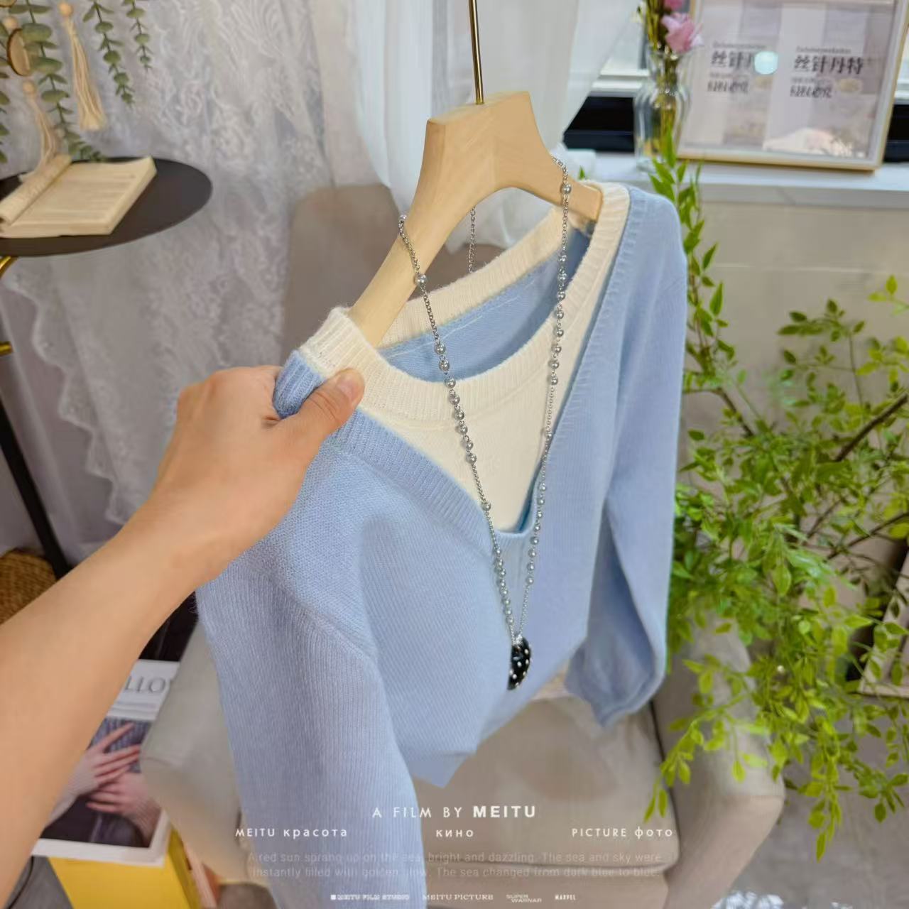 韩版时尚拼色假两件圆领针织衫女秋冬季宽松洋气简约通勤套头毛衣