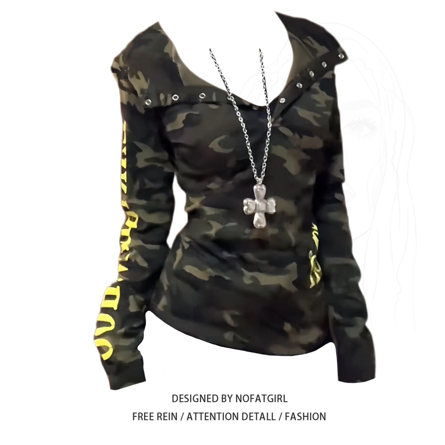 大码胖MM美式复古迷彩连帽长袖T恤女秋季设计感修身显瘦百搭上衣