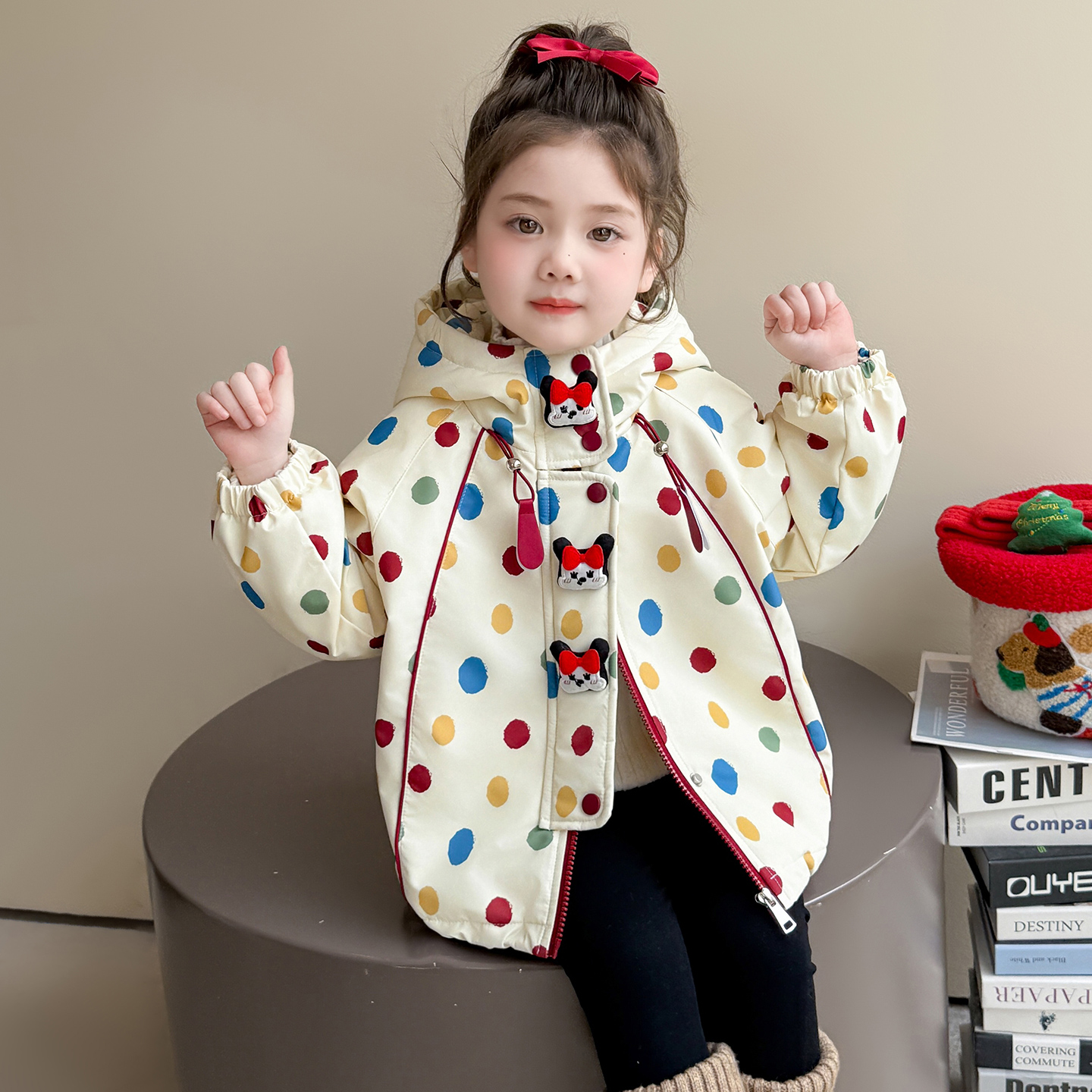 女童圆点夹棉外套秋冬新款洋气时尚女宝卡通休闲保暖甜美薄款上衣