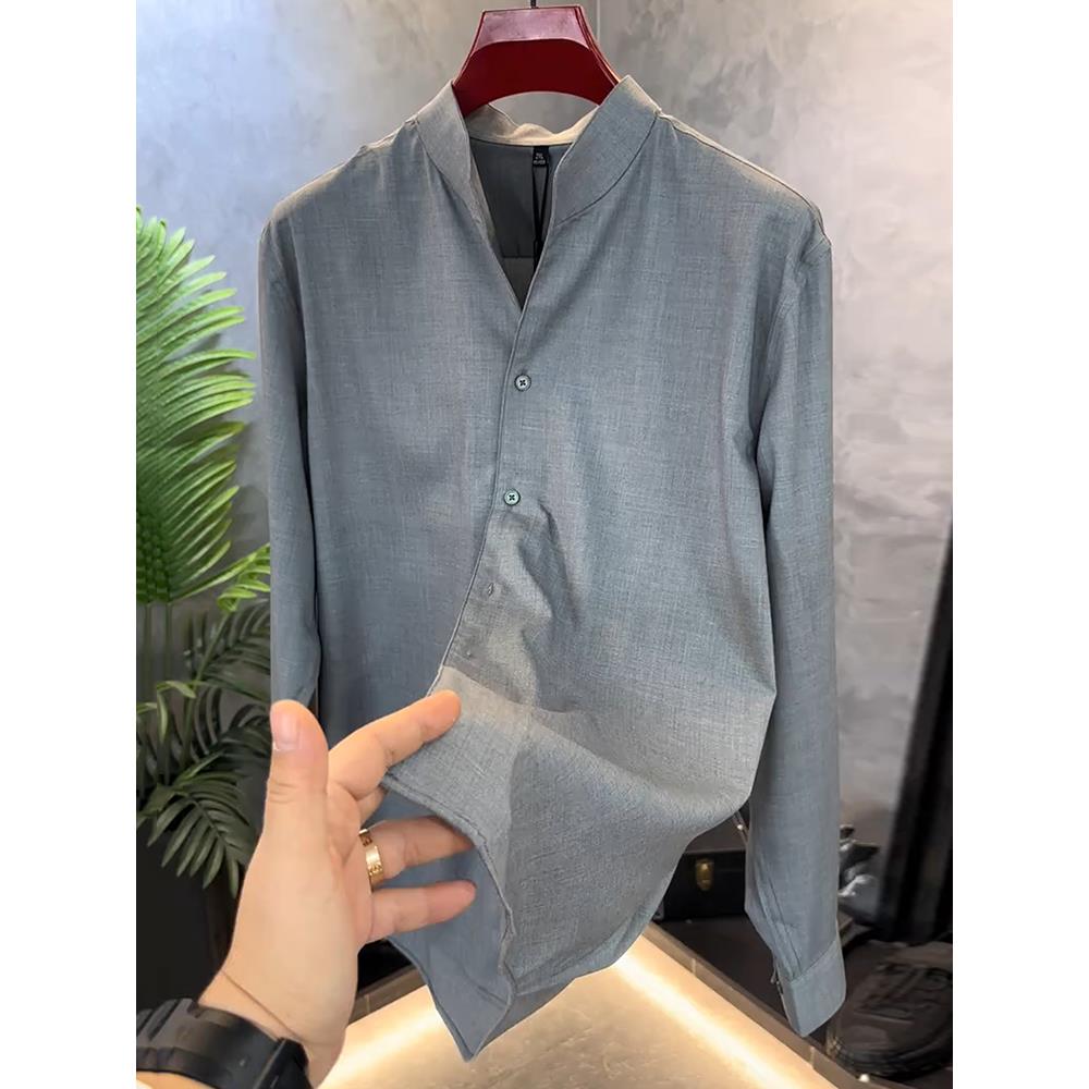 轻奢男装大码潮牌男士2025春秋季时尚成熟纯色气质高级感长袖衬衣