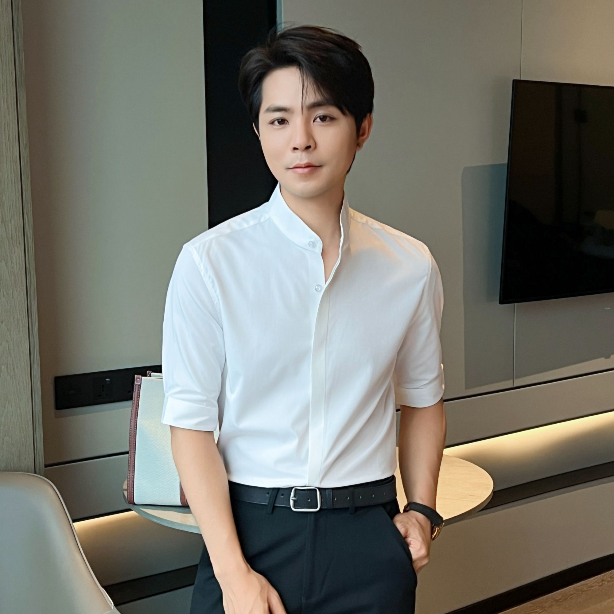 【润哥】高端无痕压胶竹纤维新中式立领衬衫男 凉感中袖上衣 C188