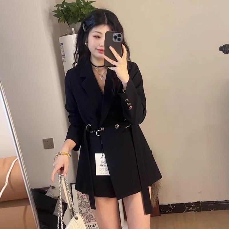 高级感显瘦气质时尚小西装外套女2025年春季新款系带腰带黑色西服