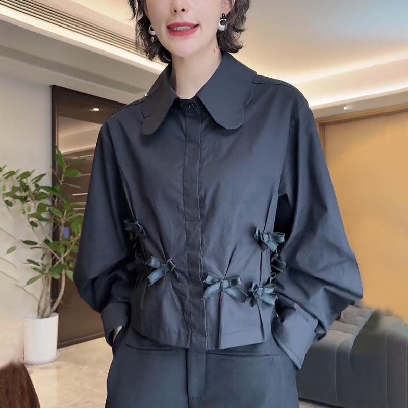 娃娃领黑色短款衬衫女士2025早秋新款轻奢高级感洋气减龄长袖上衣