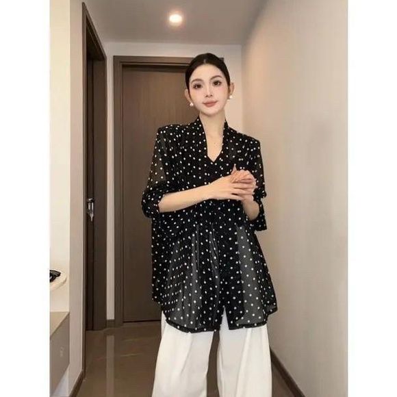 法式V领波点飘带长袖雪纺衬衫女春夏薄款微透高级感显瘦气质上衣