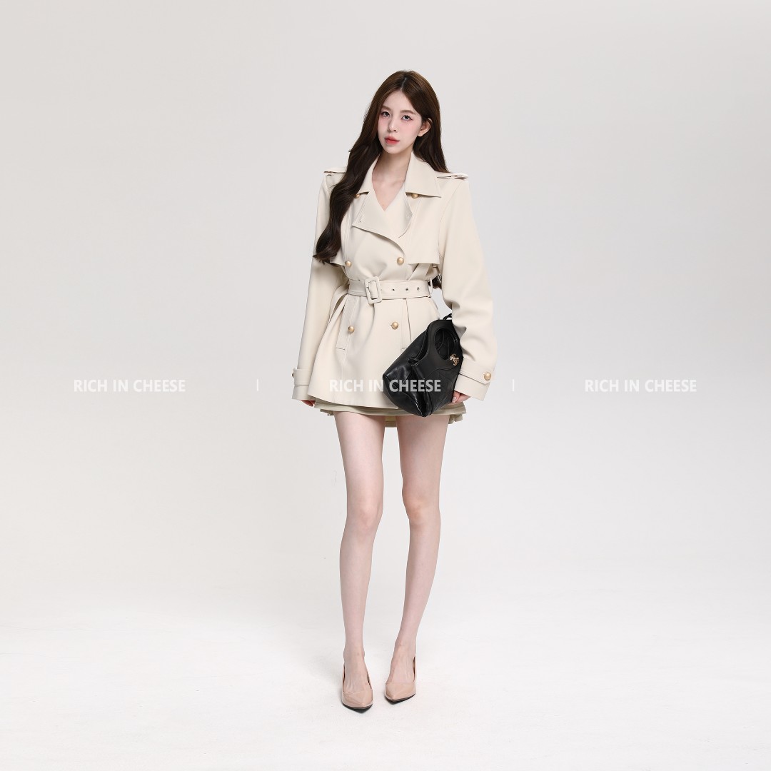RICHINCHEESE 英伦千金 英伦风双排扣收腰系带气质风衣短款外套