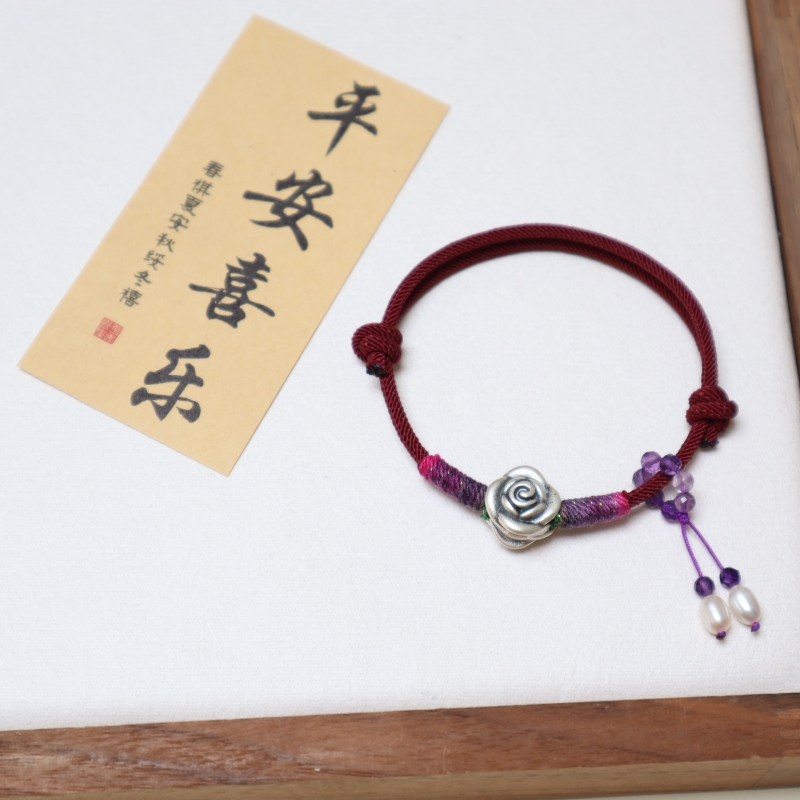 925银布艺手链 999银制品 国风复古手工红色编织手绳百搭可调节女