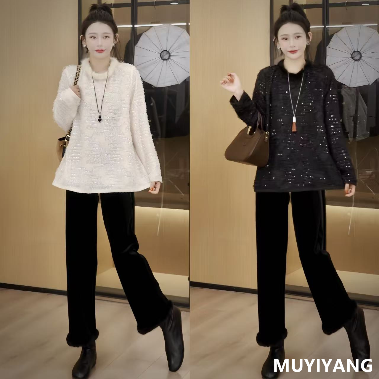 【绒熠】小众高级感领口真毛拼接亮片高定卫衣 衣长70 25-575#