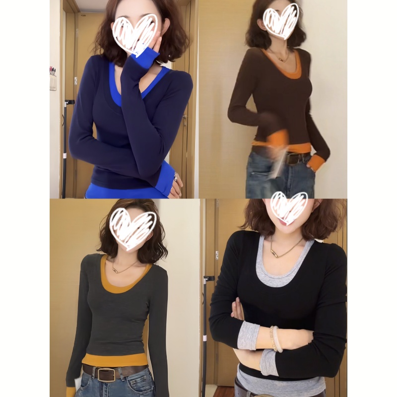 现货~秋冬新款洋气韩系撞色T恤V领高级感内搭修身显瘦长袖女上衣