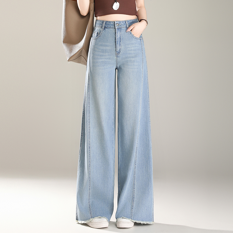 初秋牛仔阔腿裤女高腰宽松显瘦毛边长裤春夏秋新款百搭直筒休闲裤