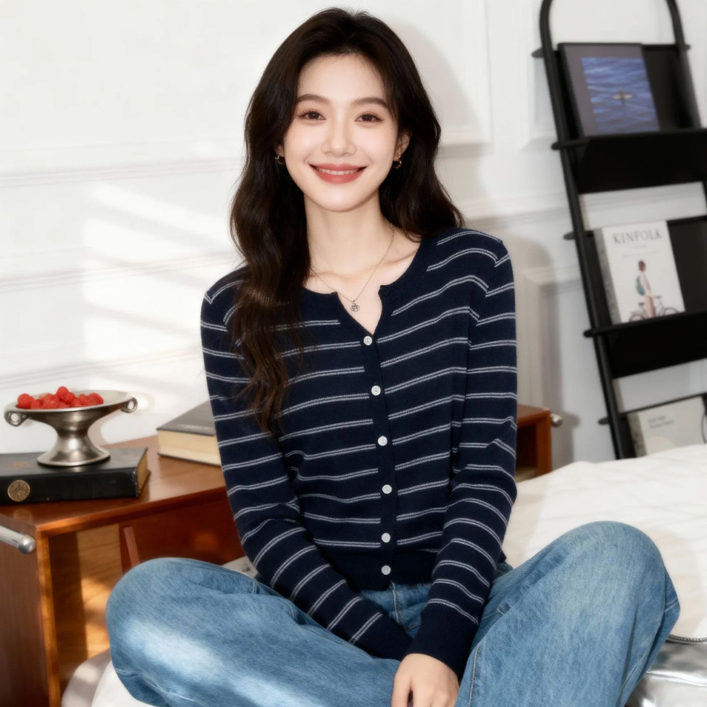 SM潮流高级感气质条纹长袖针织开衫女秋季新款百搭时尚内搭上衣