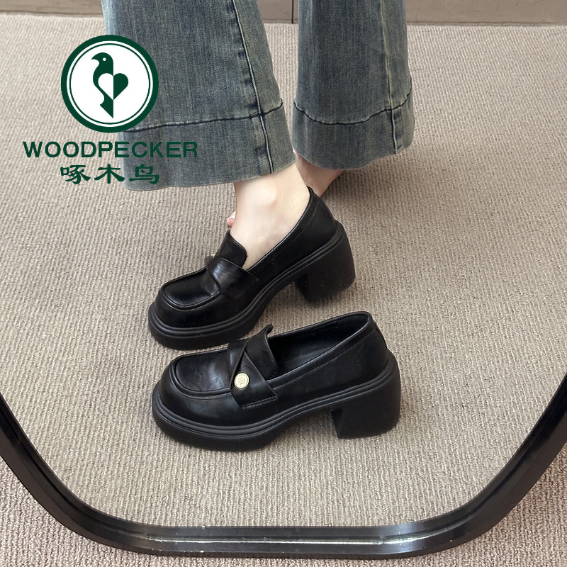 啄木鸟复古百搭圆头厚底小皮鞋女秋季2025新款法式粗跟乐福鞋女潮