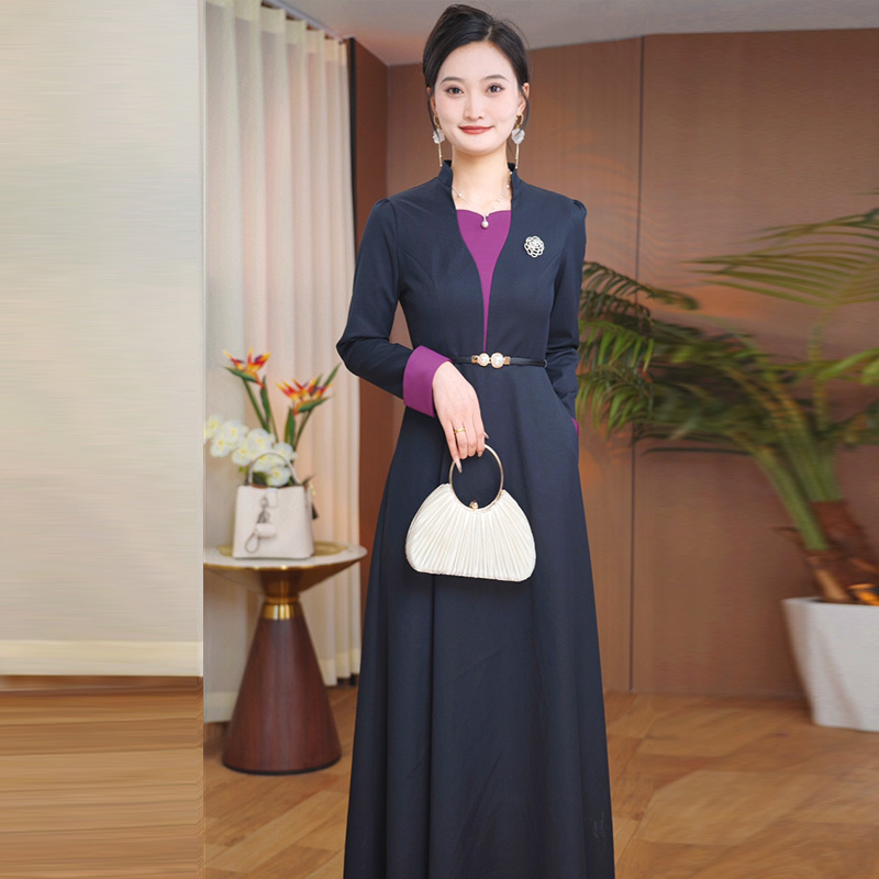 2025春秋新款优雅减龄气质显白收腰修身时尚妈妈装显瘦长袖长裙