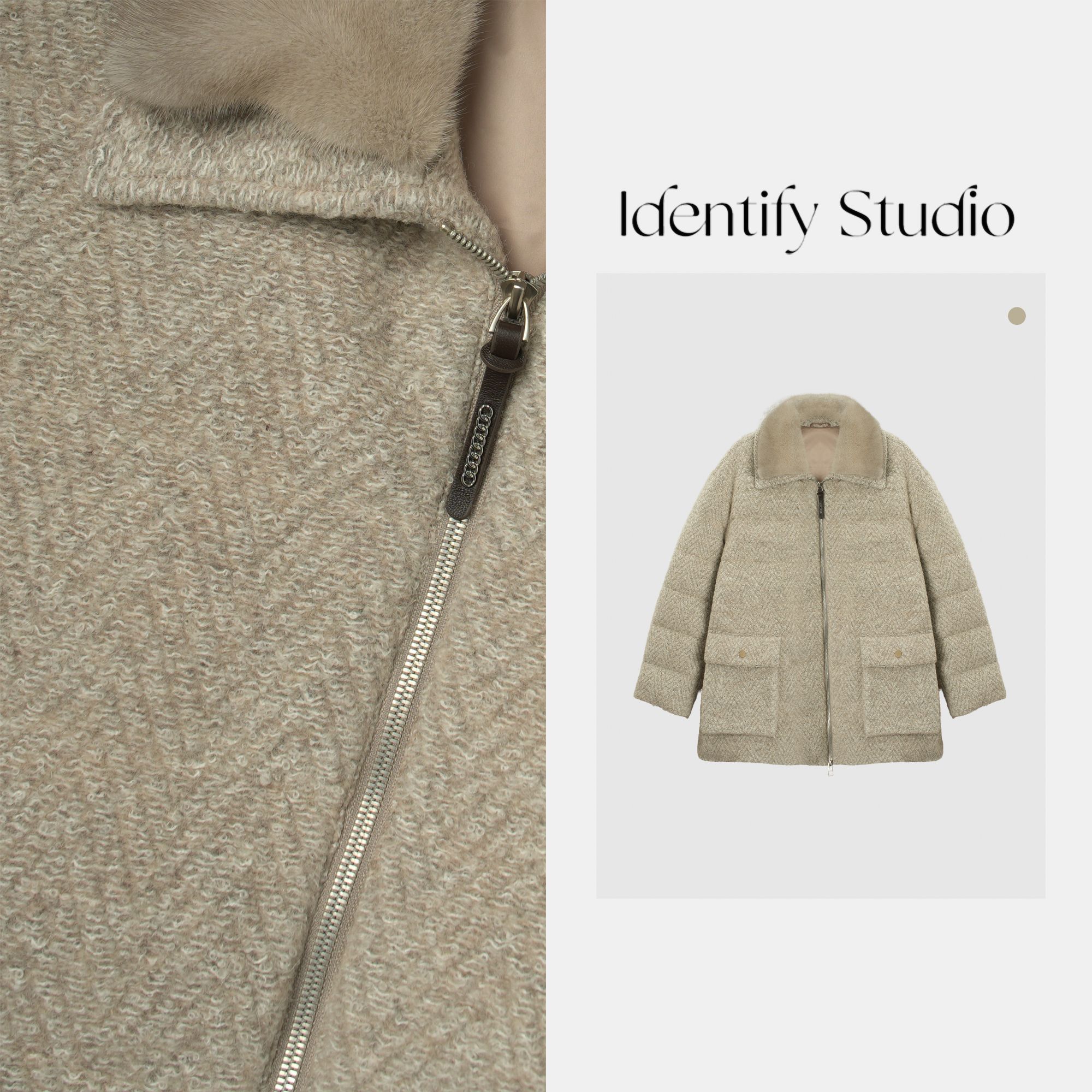 IDENTIFY冬季新款水貂毛领拼接羊驼毛绵羊毛羽绒外套25AWG121320