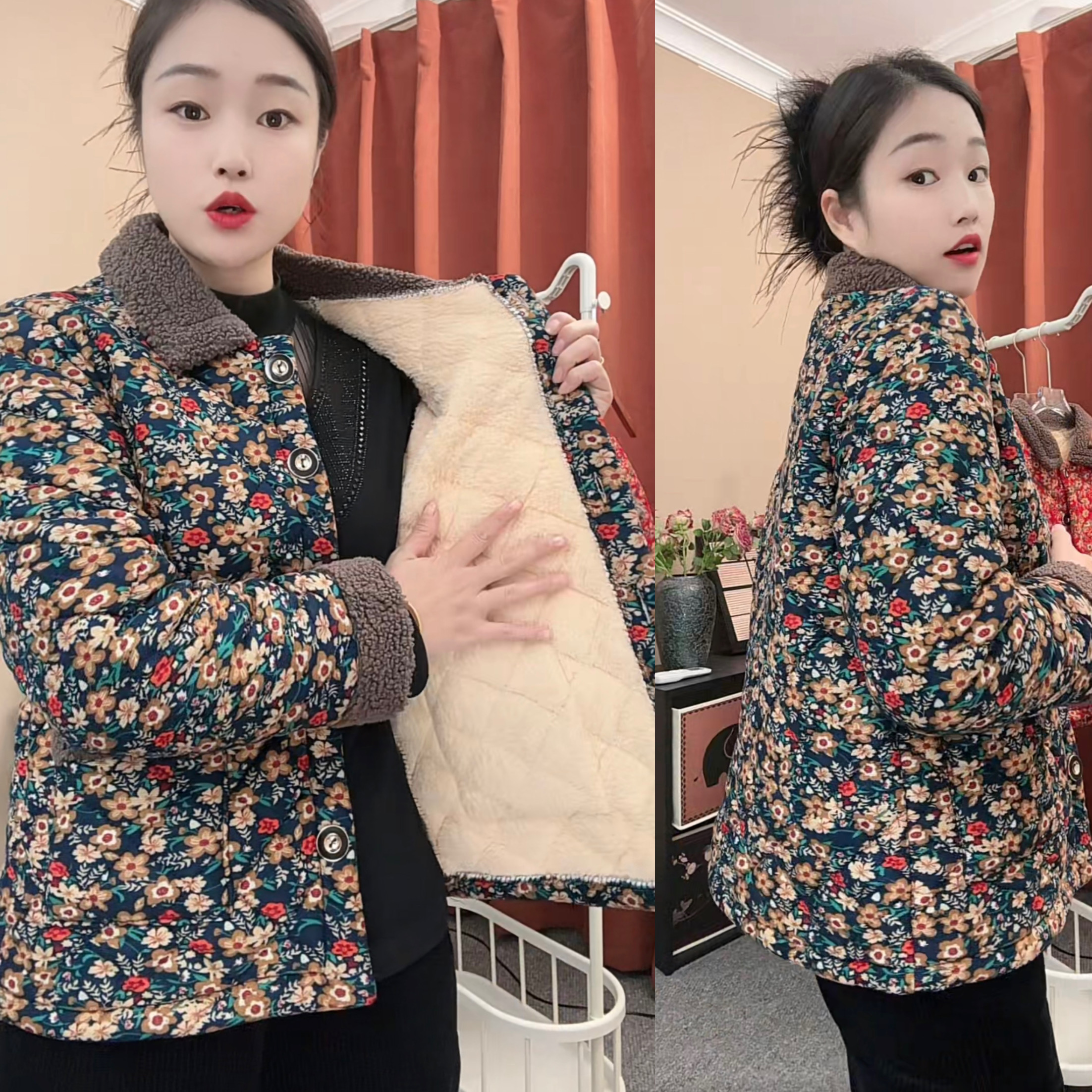 中老年女装冬装棉衣外套加绒加厚50妈妈装冬季碎花棉服保暖棉袄女
