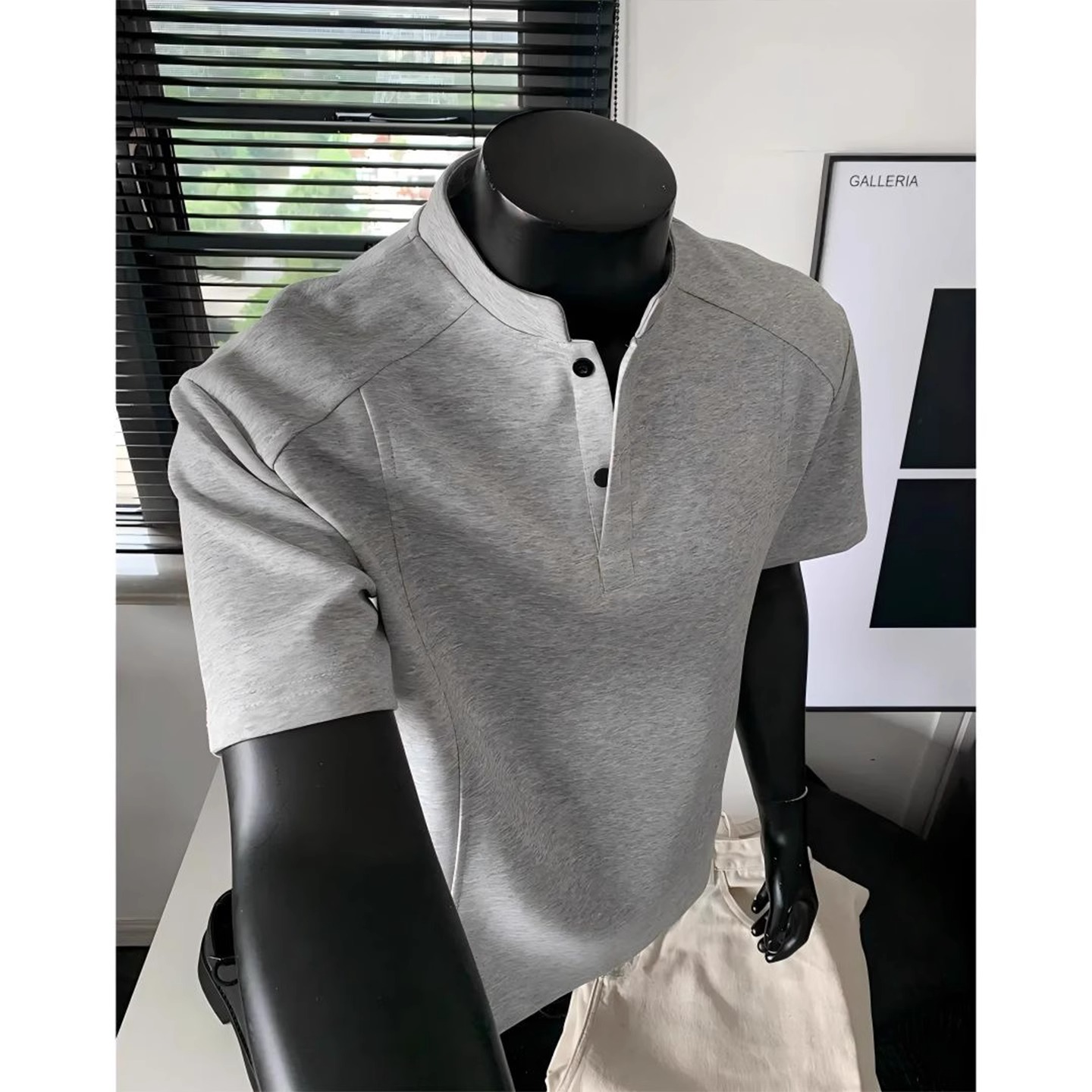 浅灰色解构亨利领短袖男款夏季boxy美式复古polo衫t恤痞帅五分袖