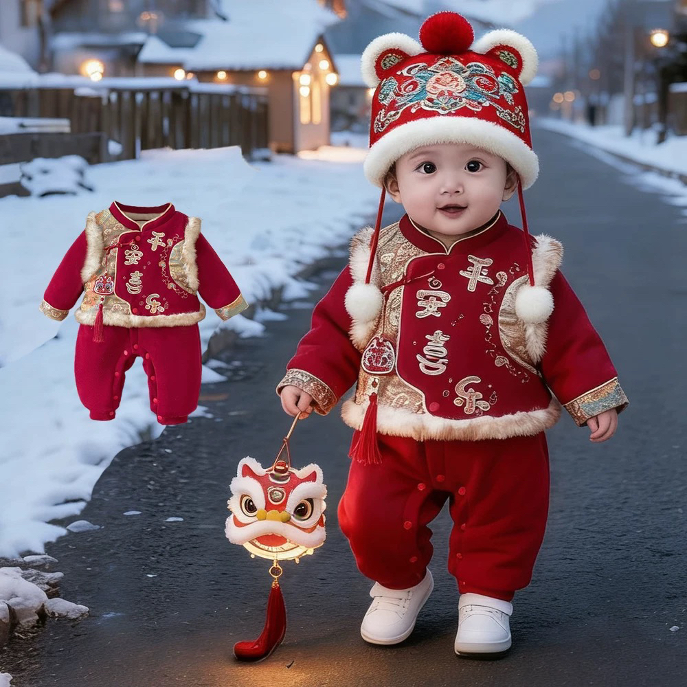 婴儿冬季连体衣加绒加棉中国风唐装宝宝喜庆拜年服加厚保暖外出服
