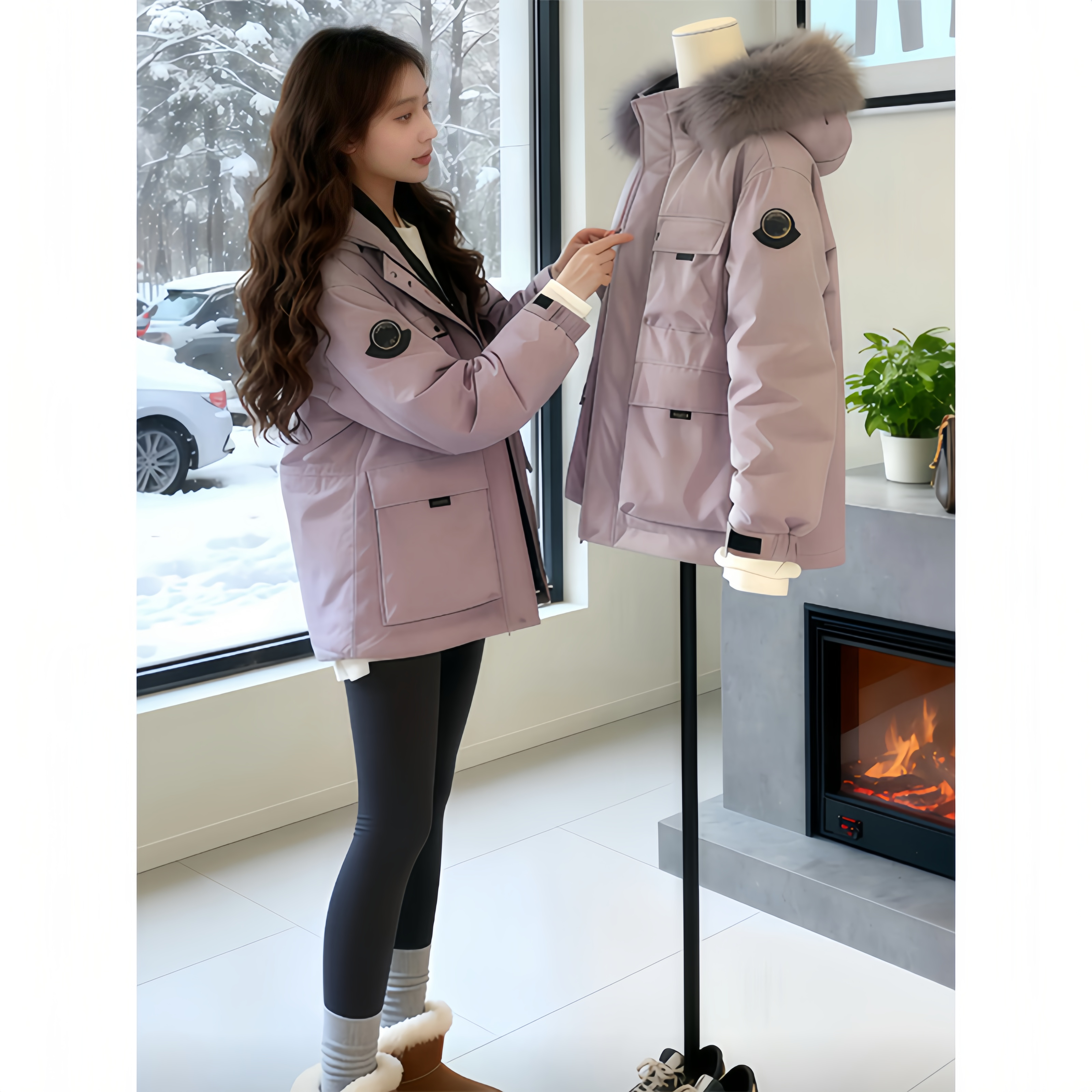 优雅毛领多口袋棉服加厚外套2025冬季款质感细腻品味冬日精致穿搭