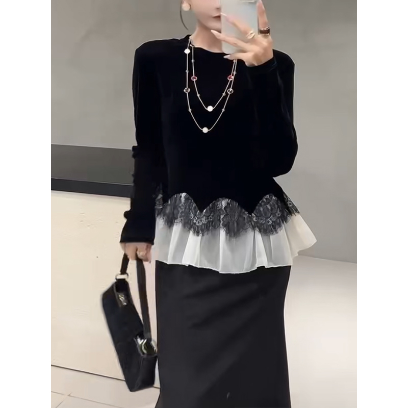 x5571#荷叶边长袖丝绒上衣女2025早秋时尚圆领拼接蕾丝洋气宽松