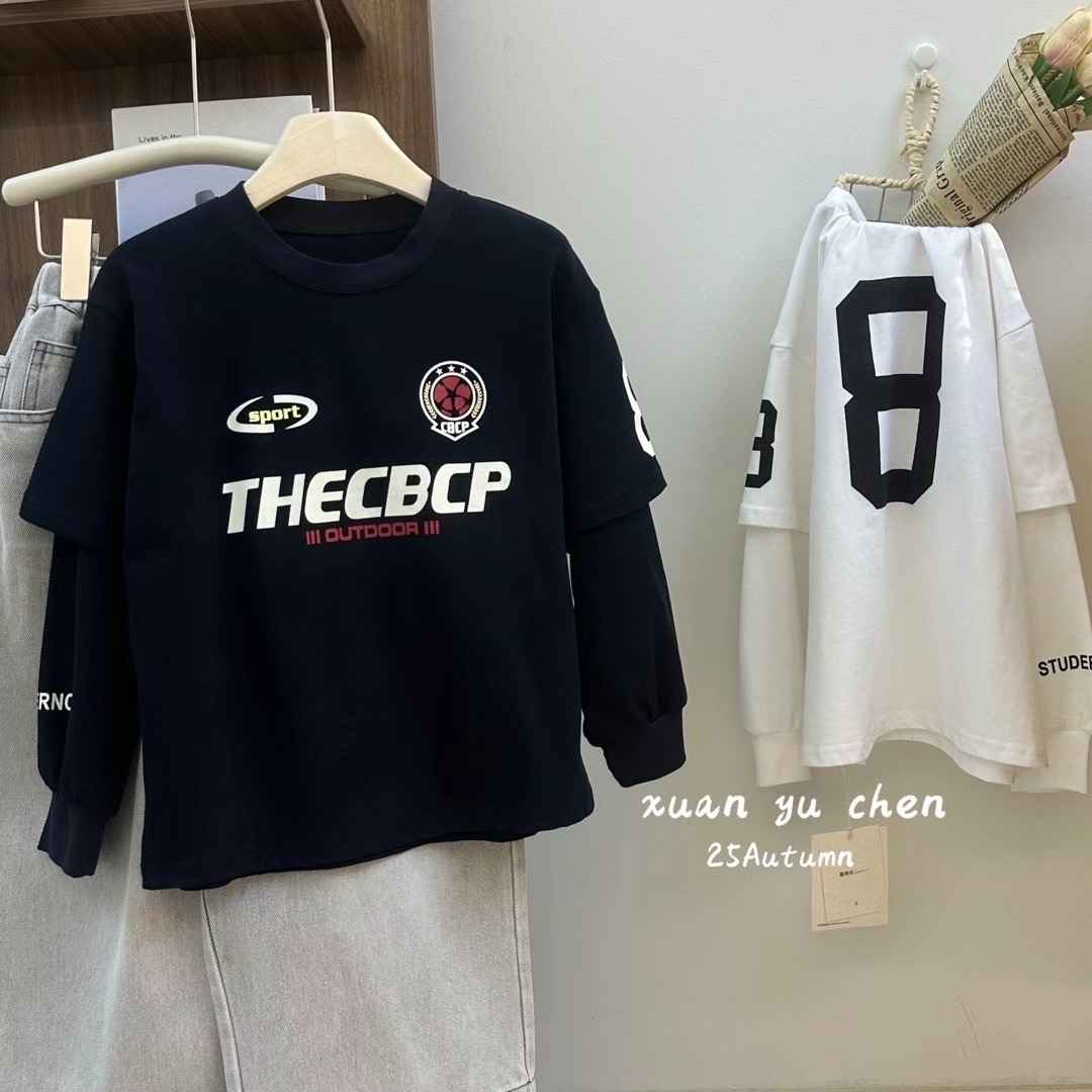 2025儿童春秋长袖T恤宽松时髦范儿休闲洋气男童假两件上衣潮-1217