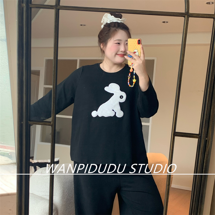 大码睡衣胖MM200斤秋冬长袖长裤德绒圆领奶糖白兔宅家