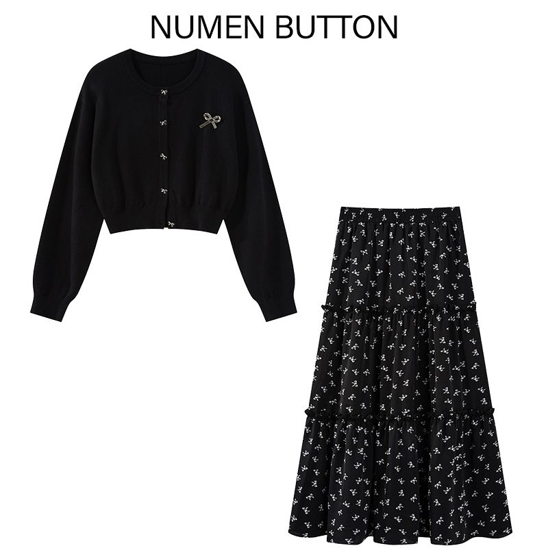 秋季穿搭一整套装女装2025新款复古针织开衫显瘦印花半身裙两件套