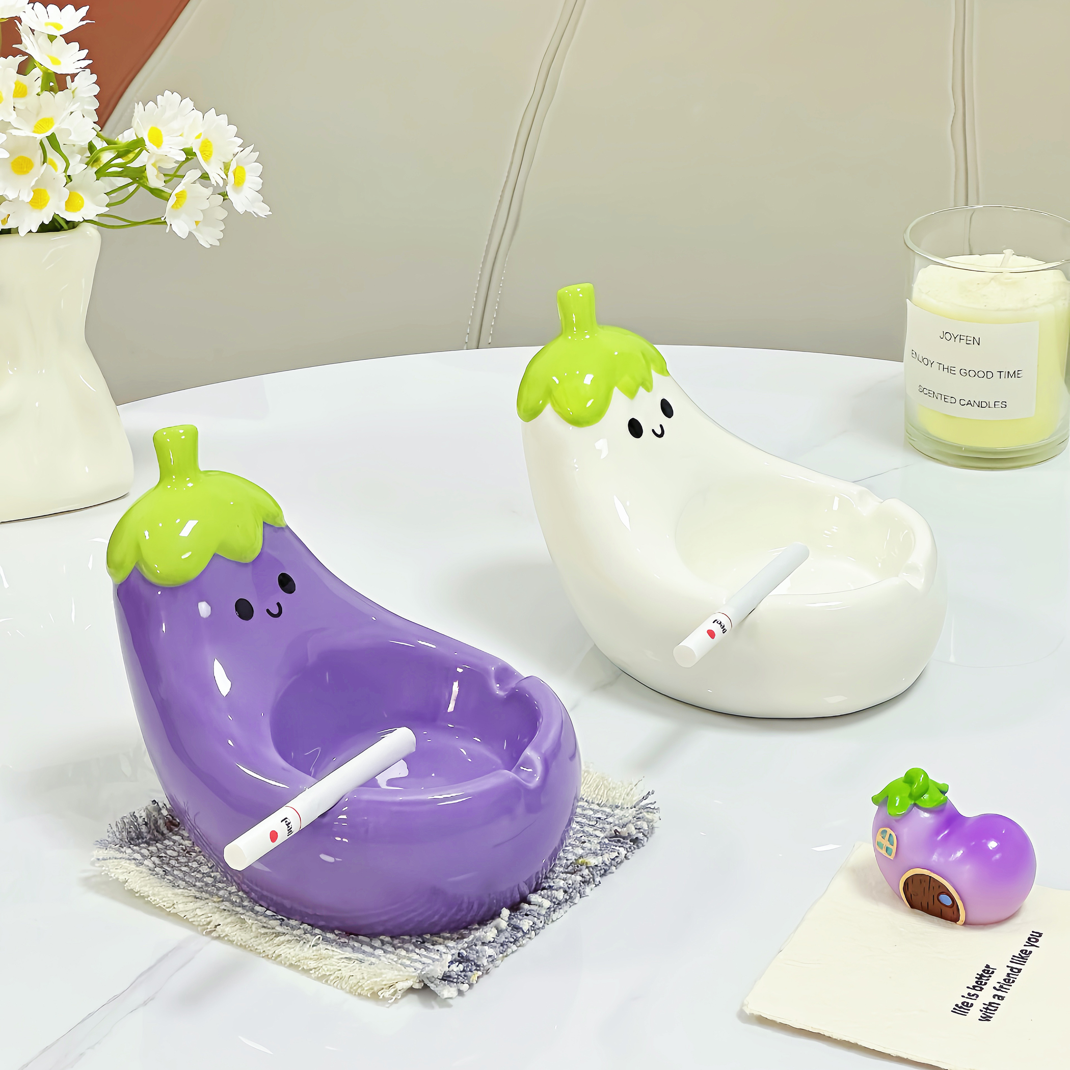 可爱茄子烟灰缸家用客厅茶几陶瓷装饰烟缸烟盅小众设计装饰品摆件