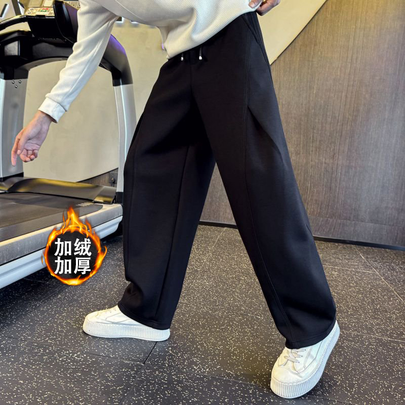 秋冬加绒卫裤男设计感线条直筒休闲裤潮牌男裤冬季新款男士裤子潮