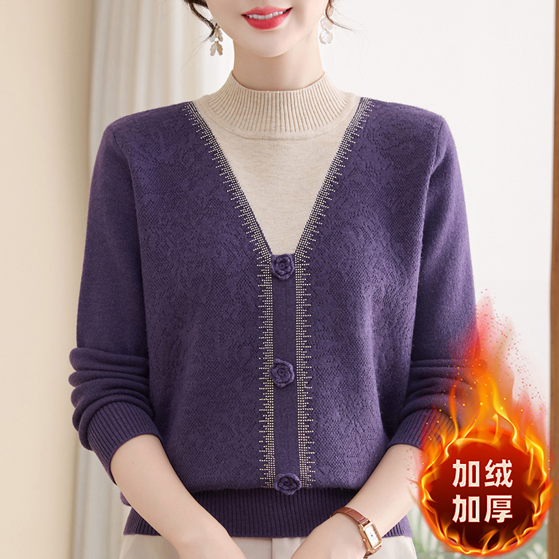 妈妈装冬季加绒加厚毛衣高贵气质洋气中老年女装一体绒保暖打底衫