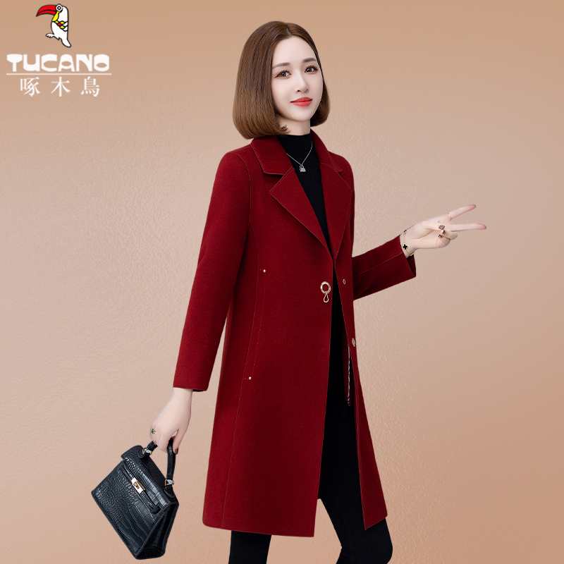 啄木鸟红色双面羊绒大衣女2025秋冬新款喜婆婆婚宴中长款羊毛外套