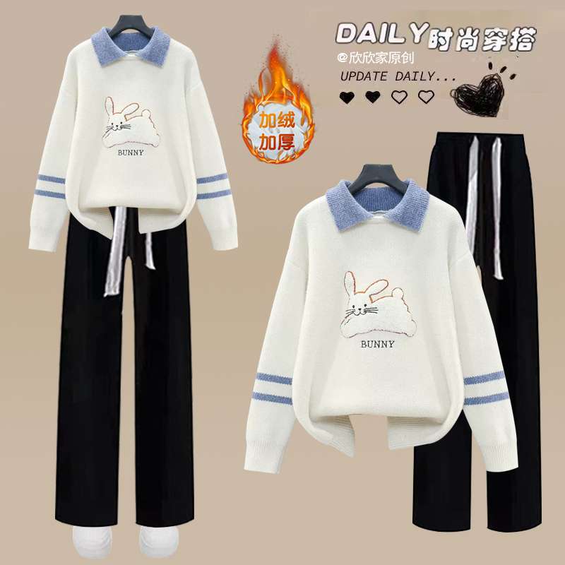 FAVMARTHA初中学生秋冬衣服女12少女大童宽松毛衣搭配加绒裤子休