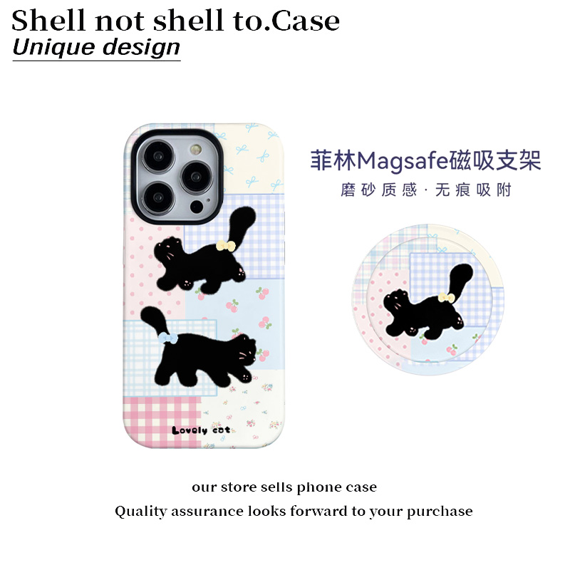 格子小黑猫菲林二合一适用苹果16promax保护壳oppo小米15华为vivo