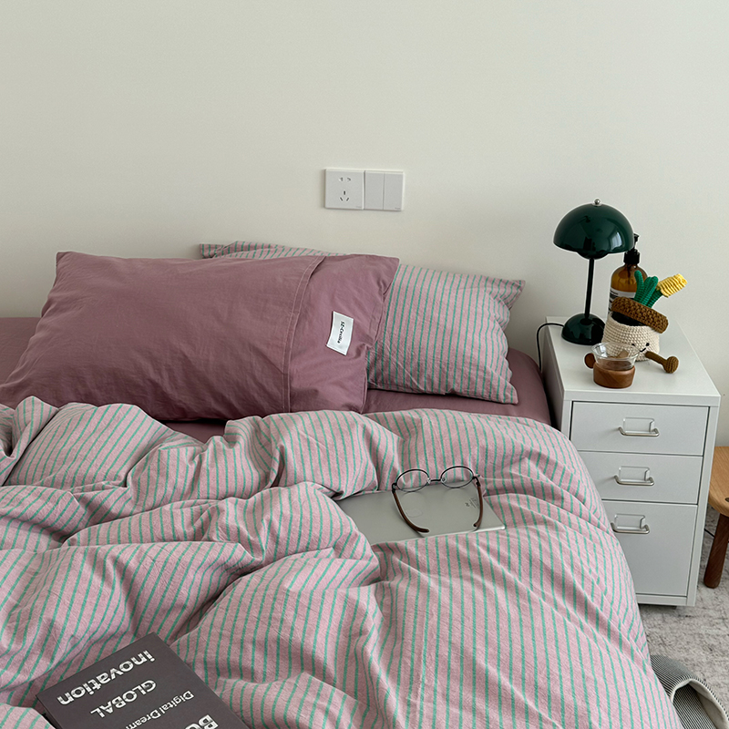 ins复古风博主纯棉全棉色织40支水洗棉卧室四件套学生宿舍三件套