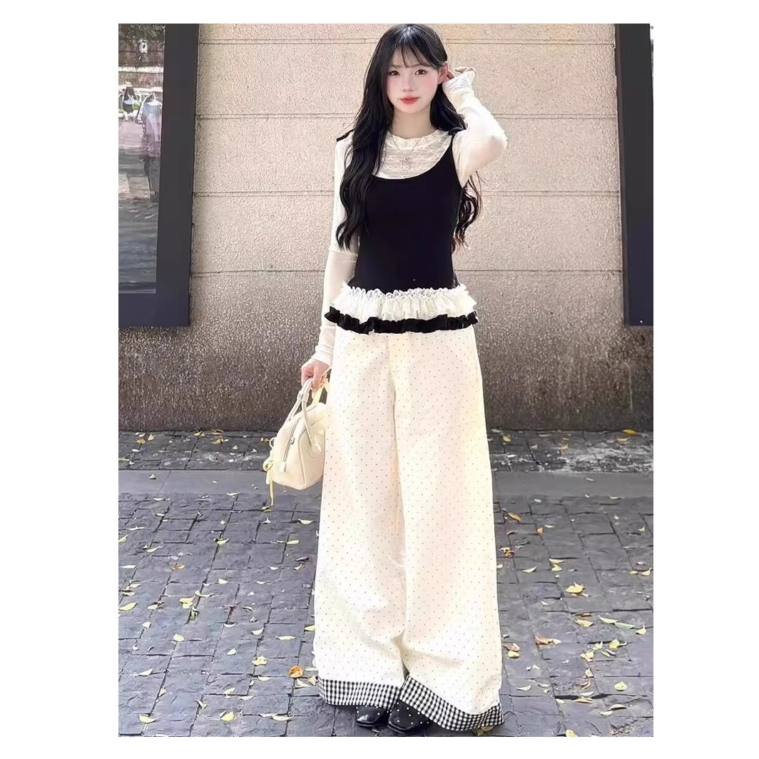 一整套穿搭韩系超好看假两件上衣休闲裤两件套装2025年春季