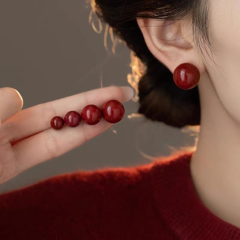合金耳饰 港风酒红色糖豆珍珠耳钉轻奢高级新年喜庆耳饰秋冬百搭