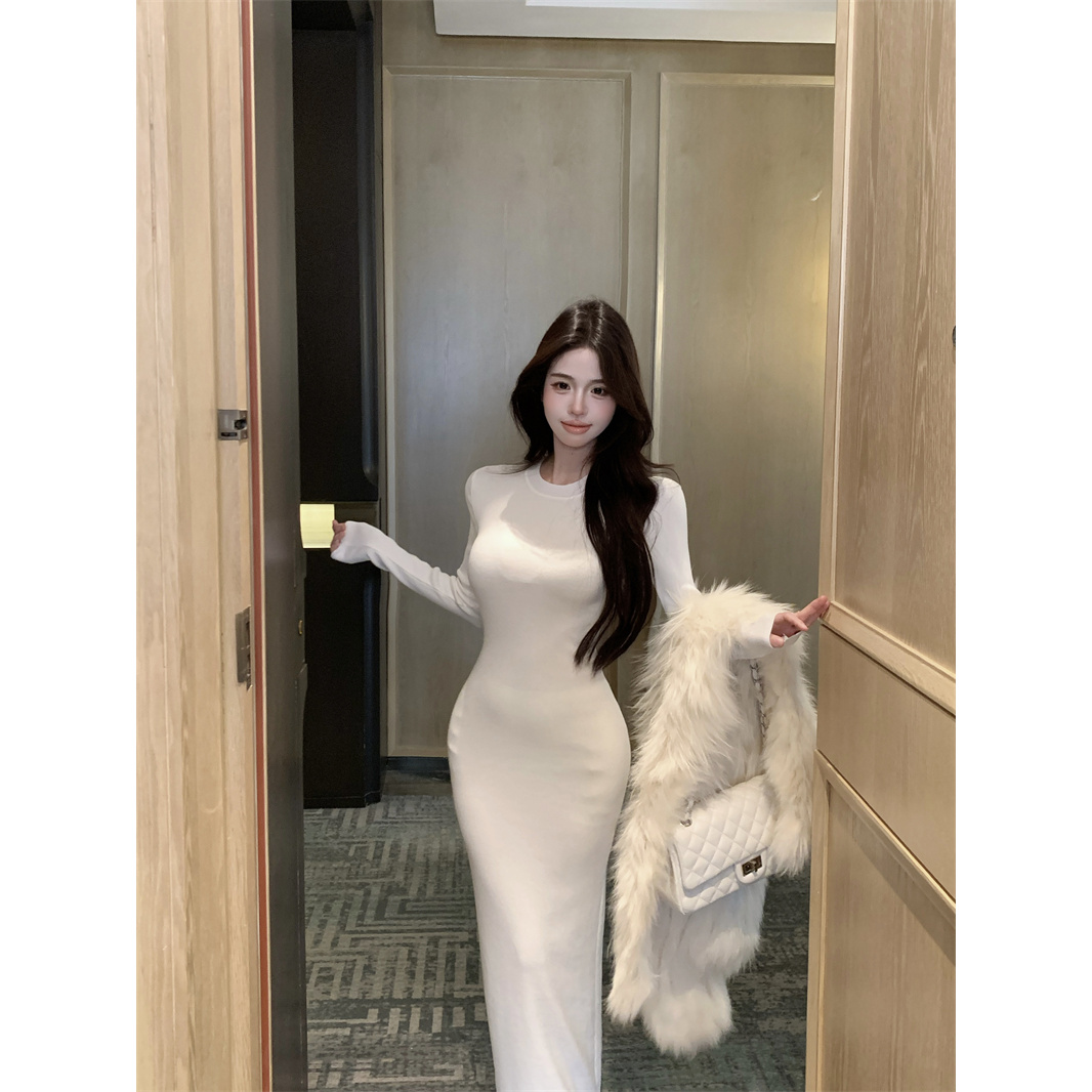 韩系辣妹纯欲风气质高级感圆领长袖连衣裙女收腰显瘦包臀鱼尾裙子