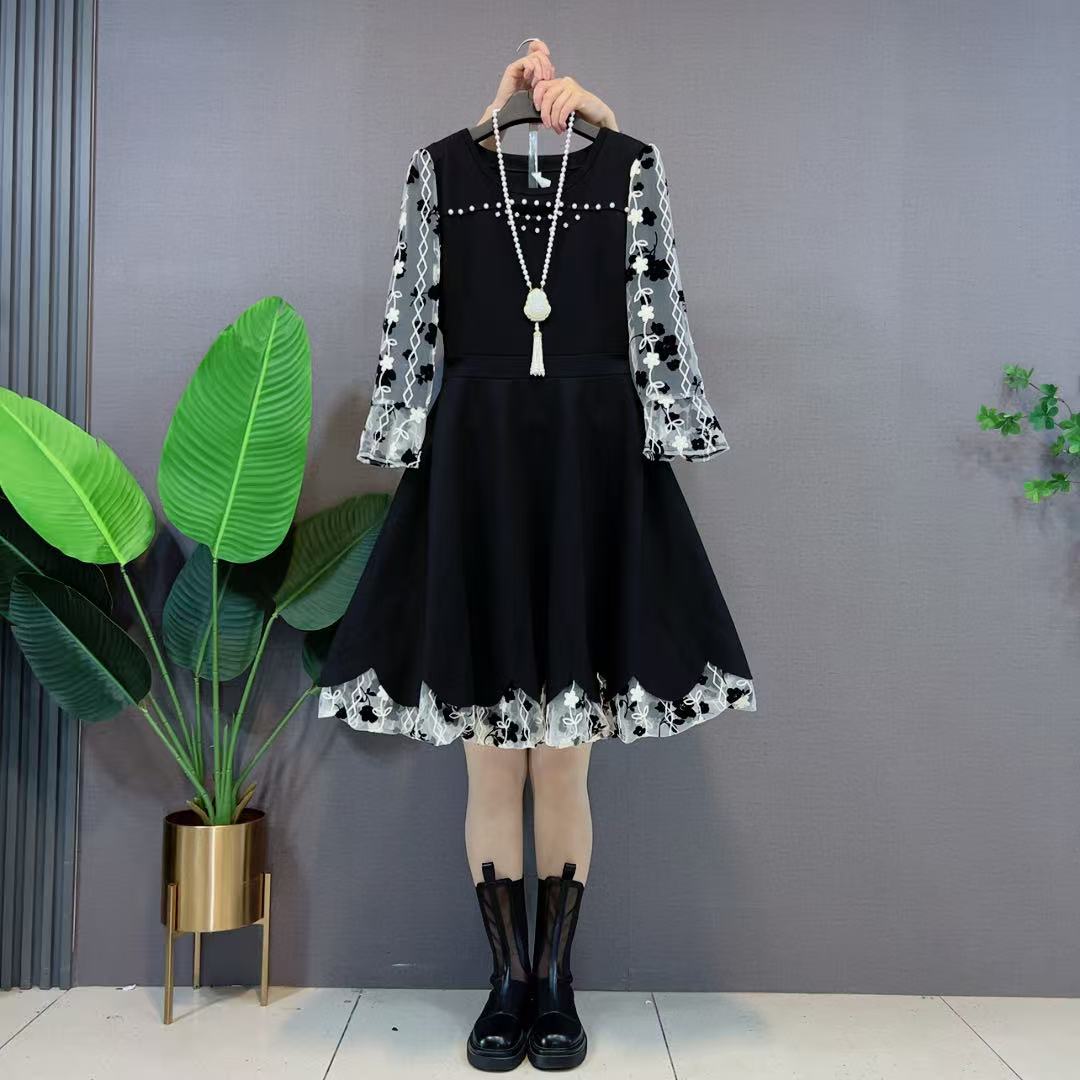 大码女装中长款法式名媛风气质胖MM小心机钉珠拼接网纱长袖连衣裙