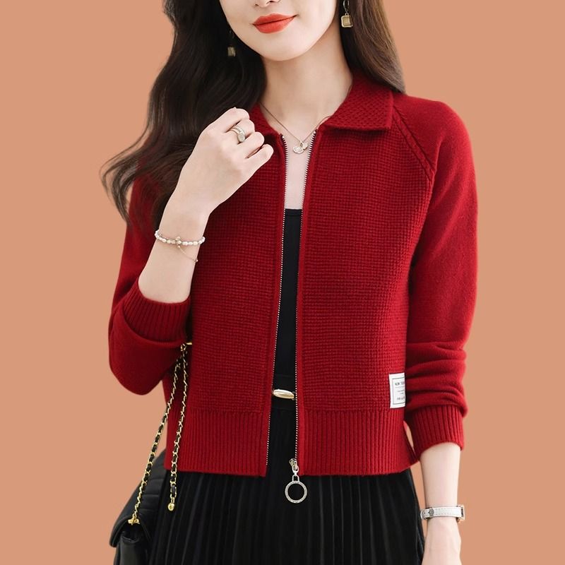 洋气小香风时尚长袖针织衫开衫短款小个子拉链翻领毛衣外套春秋装