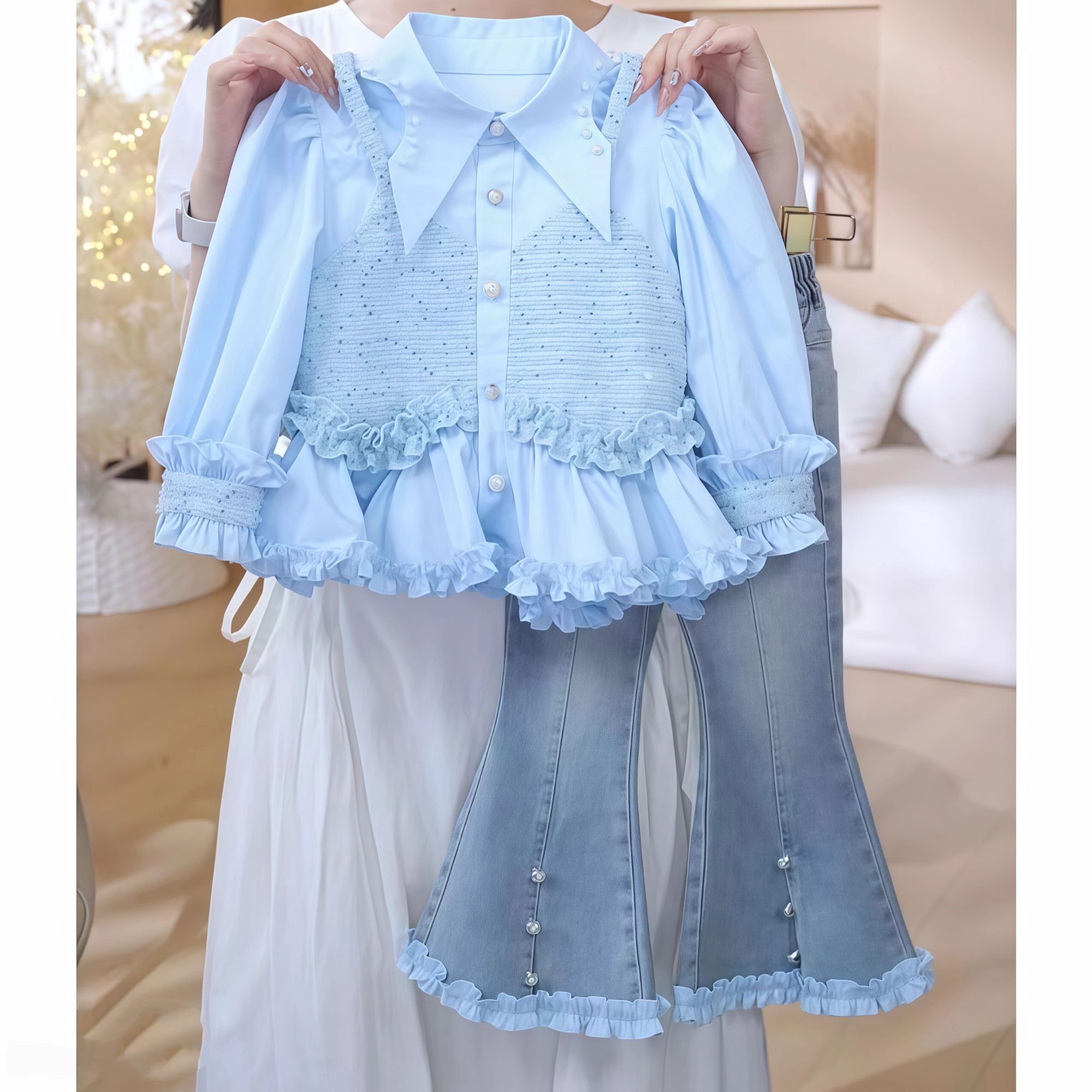 女童花边衬衫牛仔喇叭裤套装春秋2025新款甜美长袖小香风两件套