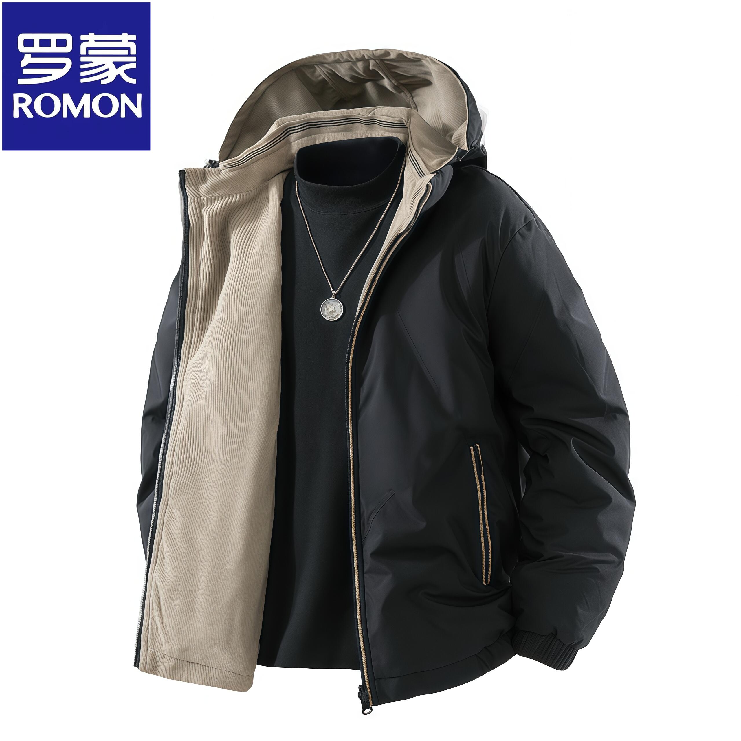 Romon/罗蒙冬季双面穿羽绒服男士新款加厚轻奢连帽立领休闲外套男